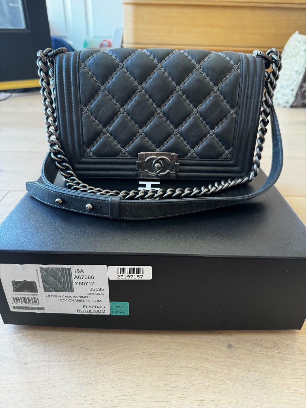 Chanel Boy Bag Medium Flap - 16A Charcoal Calfskin with Ruthenium Hardware
